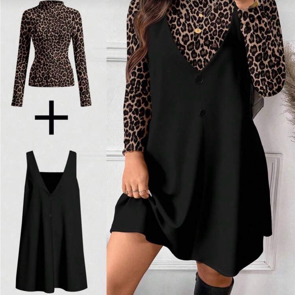 Leopard Print and Black Dress Set